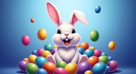 Fototapeta premium Easter sunday celebration with joyful easter bunny surrounded by colorful eggs
