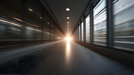 Motion blurred modern walkway with large  leading to a bright light creating a sense of speed and an inviting destination