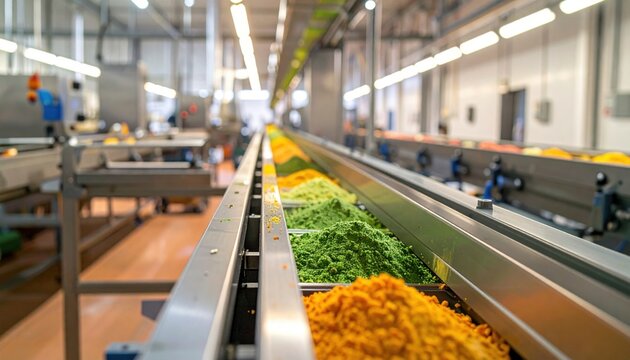Vibrant fruit and vegetable powders moving on a high-tech industrial conveyor belt during manufacturing