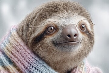 Fototapeta premium A charming close-up portrait of a sloth wearing glasses and a cozy scarf, with a soft and dreamy aesthetic and a neutral background, creating a whimsical scene.
