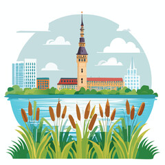 Towering building and lakeside vegetation illustration © davitart