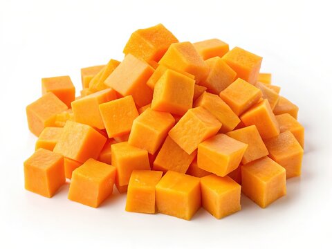 Pile of freshly diced butternut squash cubes on a white background ready for cooking