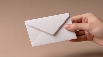 Fototapeta premium A hand holding a blank white envelope against a neutral background, perfect for use in concepts related to communication, mail services, or invitations,