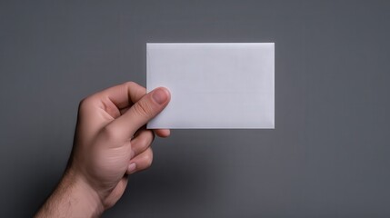 Fototapeta premium A hand is holding a blank white envelope against a gray background, ideal for designs related to correspondence, invitations, or announcements