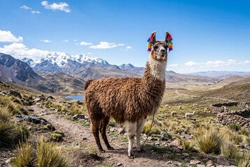 Fototapeta premium Wild llama with colorful ear tassels standing in a high mountain landscape
