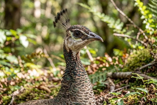 Close up portrait of a wild peahen in a green forest environment