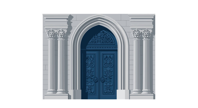 A magnificent dark blue arched double door with intricate golden-brown patterns stands between two fluted grey stone columns on a light grey architectural facade.
