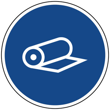 Vektor Icon eines blauen runden Schildes mit einer Papierrolle oder Stoffrolle als Symbol f&uuml;r Textilindustrie Druckerei und Fertigung