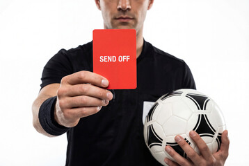 Naklejka premium Football referee with a ball gives a red card for a send off