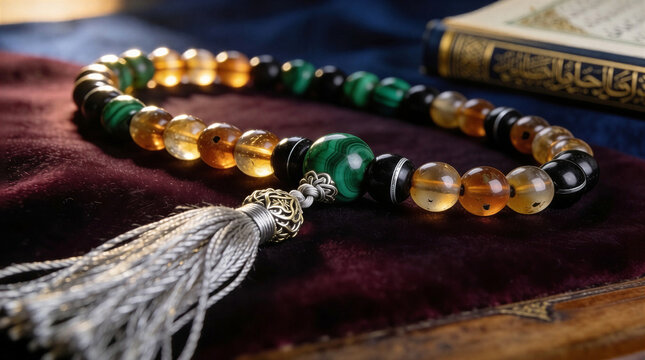 Islamic prayer beads (tasbih/misbaha) made of polished translucent spheres of amber, malachite, and black onyx. A silver thread tassel with a fine filigree tip.