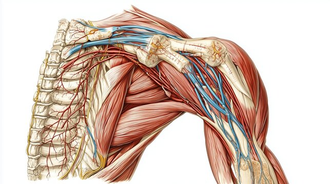 Illustration of the shoulder girdle and upper limb kinetic chain during functional reach, showing rotator cuff muscles, brachial plexus, joint capsule, and scapular stabilizers in layered anatomy.