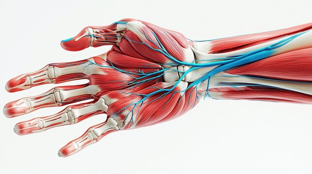 Illustration of hand and wrist anatomy for occupational therapy, cross-section showing flexor tendons, carpal bones, median nerve, and intrinsic muscles with clean blue medical color coding.