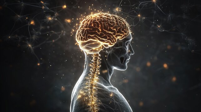 Illustration of the brain and spinal cord motor pathway, highlighting the corticospinal tract in luminous gold descending through the brainstem to the cervical spine.