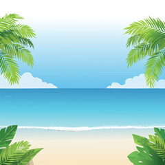 Obraz premium Tropical beach scene with ocean waves and palm tree leaves