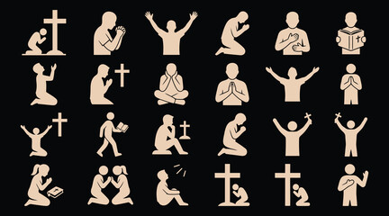Obraz premium Various silhouettes of people praying and worshipping with crosses and bibles in different poses and gestures christianity faith symbols