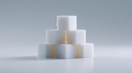 A clean and minimalistic stack of white sugar cubes on a soft gray background, ideal for food-related articles, health discussions, or product packaging designs,