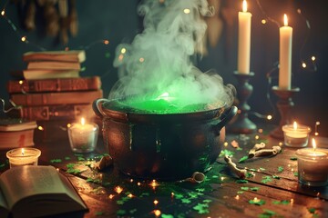 Green magic potion bubbling in cauldron with candles and ancient books mysterious fantasy scene