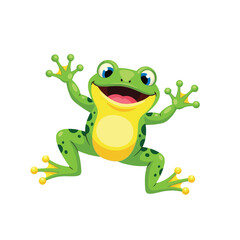 Obraz premium Happy green cartoon frog jumping with open mouth, playful amphibian character