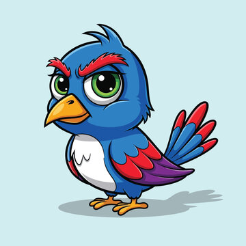 Grumpy blue cartoon bird with red eyebrows and big green eyes, cute animal character