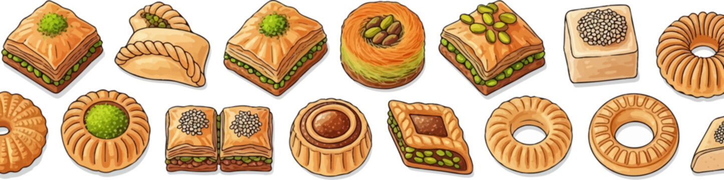 A colorful assortment of sweet pastries, featuring baklava and other baked treats