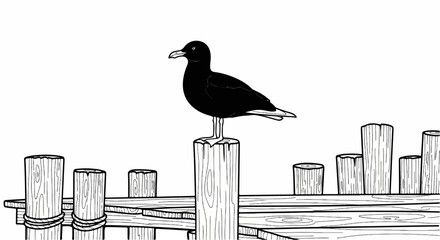 A black bird stands perched on a wooden piling at a dock © karina