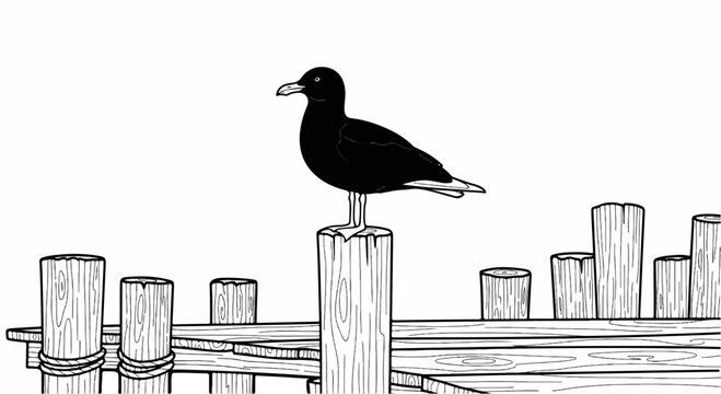 A black bird stands perched on a wooden piling at a dock