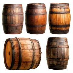 Obraz premium A collection of vintage wooden barrels showcasing various shapes and finishes, ideal for use in beverage advertising, rustic decor, or historical themes in design projects,