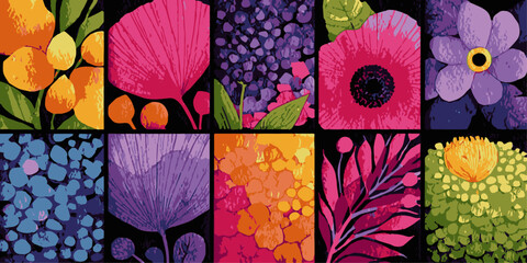 Vibrant abstract watercolor floral patterns in a mosaic, isolated on transparent background, colorful and artistic. © DARK TRUST