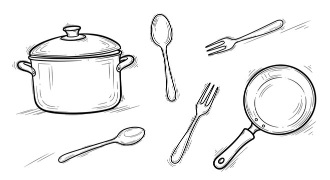 Kitchen utensils and cookware illustration featuring pot, pan, spoon, fork, and ladle in a simple line drawing style