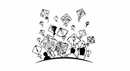 A black and white ink drawing shows many kites flying above silhouetted people © kajian