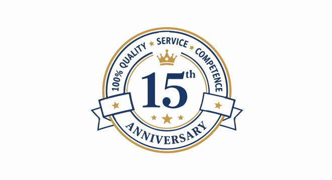 15th Anniversary seal with crown, stars, and ribbon