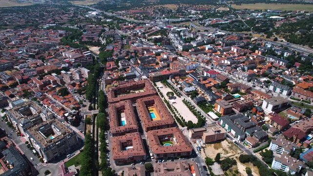 Aerial panorama view of the old town and city Collado Villalba in Spain on a sunny summer noon.