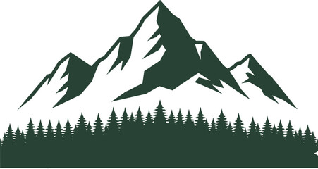 Stylized mountain range vector illustration with jagged snowy peaks and dense coniferous forest silhouette for outdoor adventure design © Creative design