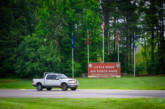 Jacksonville, AR&mdash;May 23, 2018; Vehicle passing entrance sign Little Rock Air Force Base, a major United States Air Force transport installation