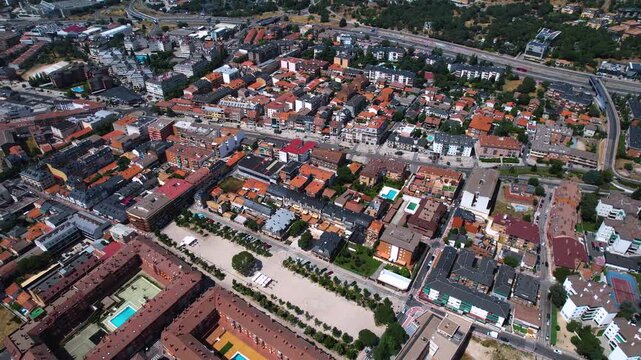 Aerial panorama view of the old town and city Collado Villalba in Spain on a sunny summer noon.