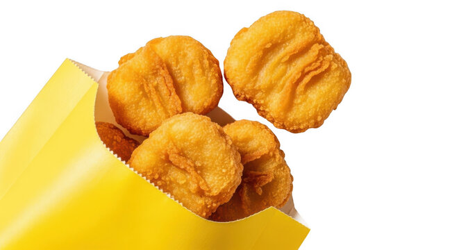 Golden nuggets spilling out of a yellow paper cone on transparent background