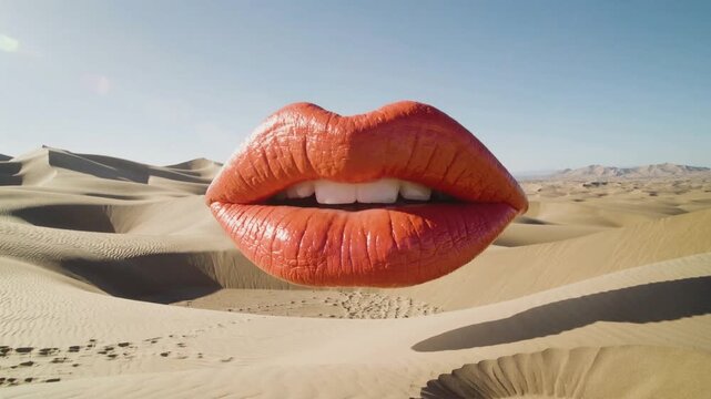 Close up of lips with orange lipstick in desert landscape with sand dunes and clear blue sky during daytime.