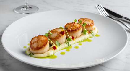 Pan-seared scallops served on a bed of cauliflower puree with herb oil and edible flowers in a fine dining setting