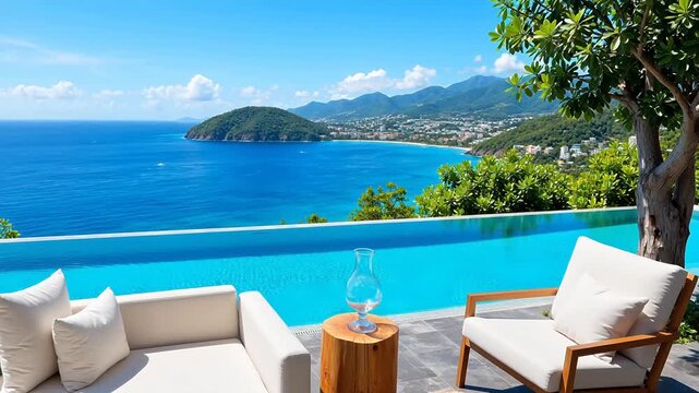 Luxury poolside ocean view with seating