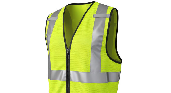 High visibility safety vest with reflective strips on front isolated on transparent background