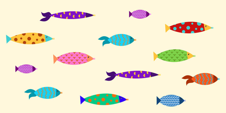 Horizontal colorful background with scattered cute cartoon fish pattern