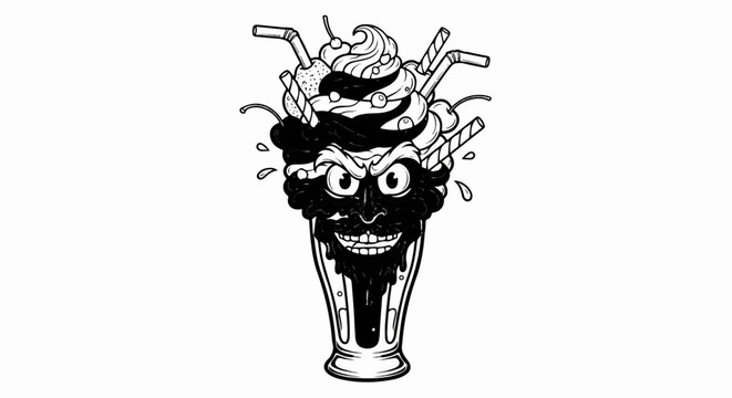 A black and white illustration of a monstrous ice cream sundae