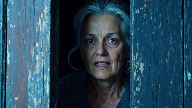 Elderly woman peering through wooden door