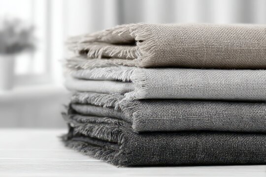 Stack of folded linen fabric in neutral tones, showcasing a variety of textures and shades, perfect for adding a touch of rustic elegance to any home decor.