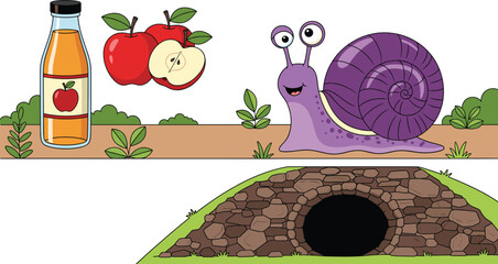 Apple juice bottle with fresh red apples, cute purple snail character and underground stone cave illustration set for nature and food concept © Mohammad