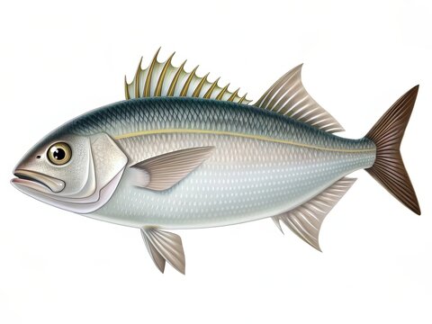 Detailed illustration of a live amberjack fish with its distinctive markings and fins against a white background