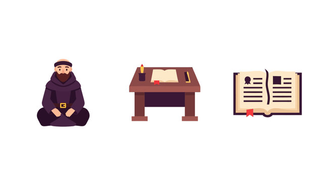 Medieval monk, writing desk, and open book: ancient learning symbols