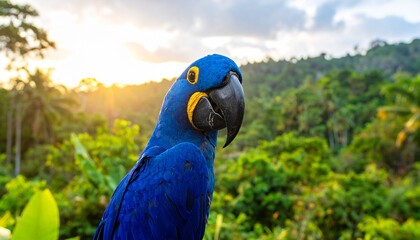 Vibrant Blue Hyacinth Macaw Portrait in Lush Tropical Setting.