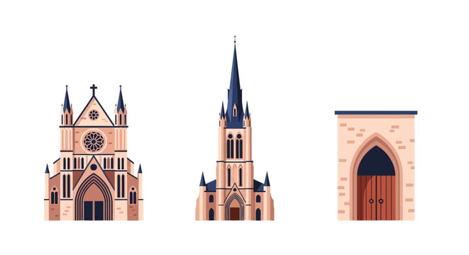 Gothic architecture: cathedral facades with tower, rose window, arched doorway