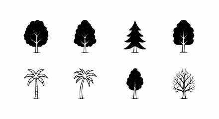 A collection of diverse tree icons, featuring various shapes and styles